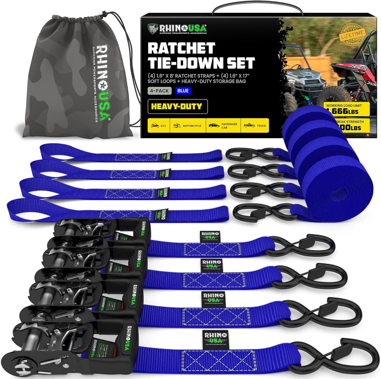 Rhino USA Heavy Duty Ratchet Straps Kit for Secure Cargo Transport