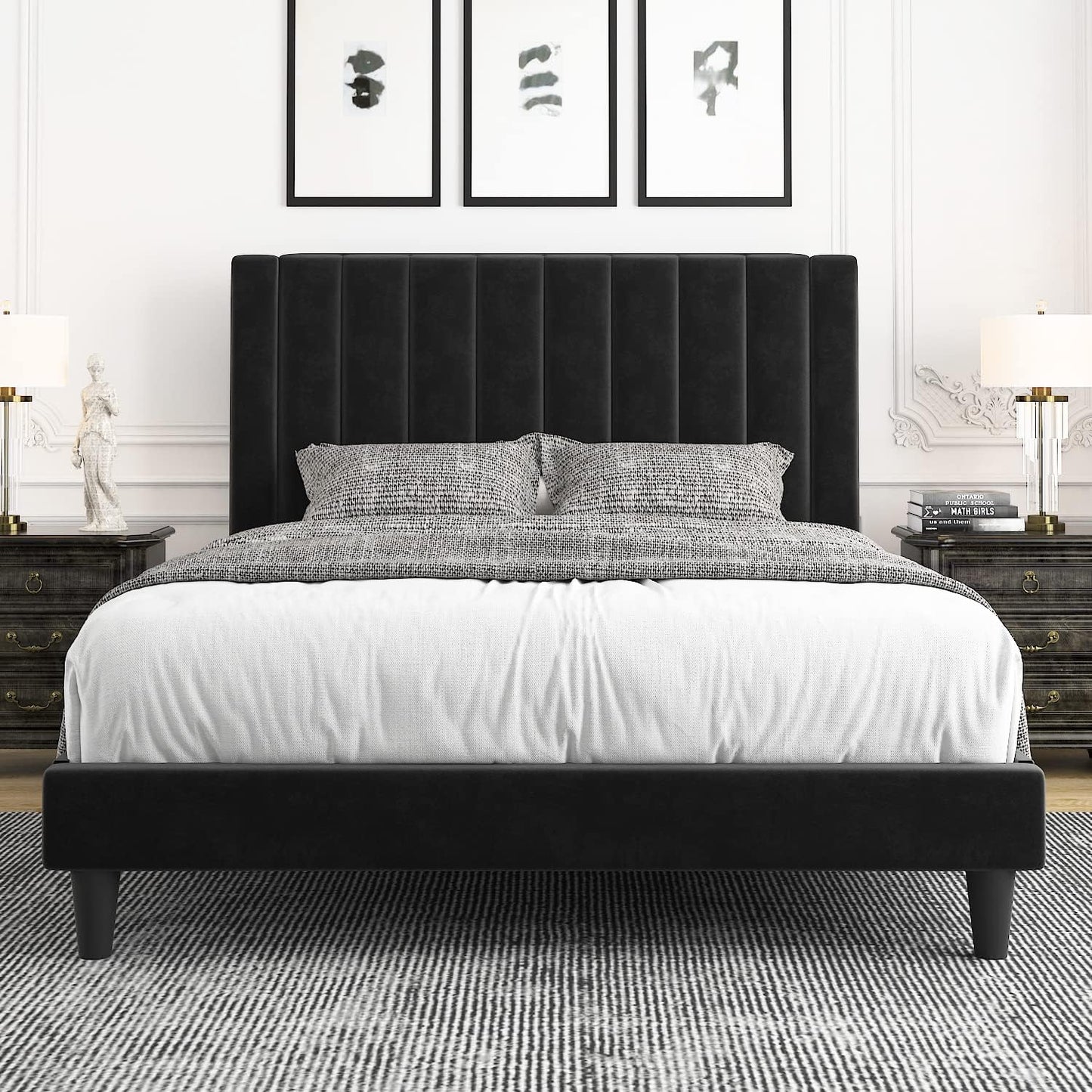 Allewie Queen Bed Frame with Velvet Upholstered Design and Support