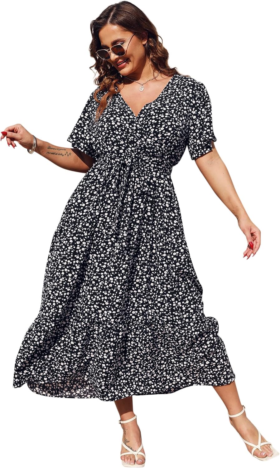 Plus Size V Neck Wrap Maxi Dress for Women by KOJOOIN