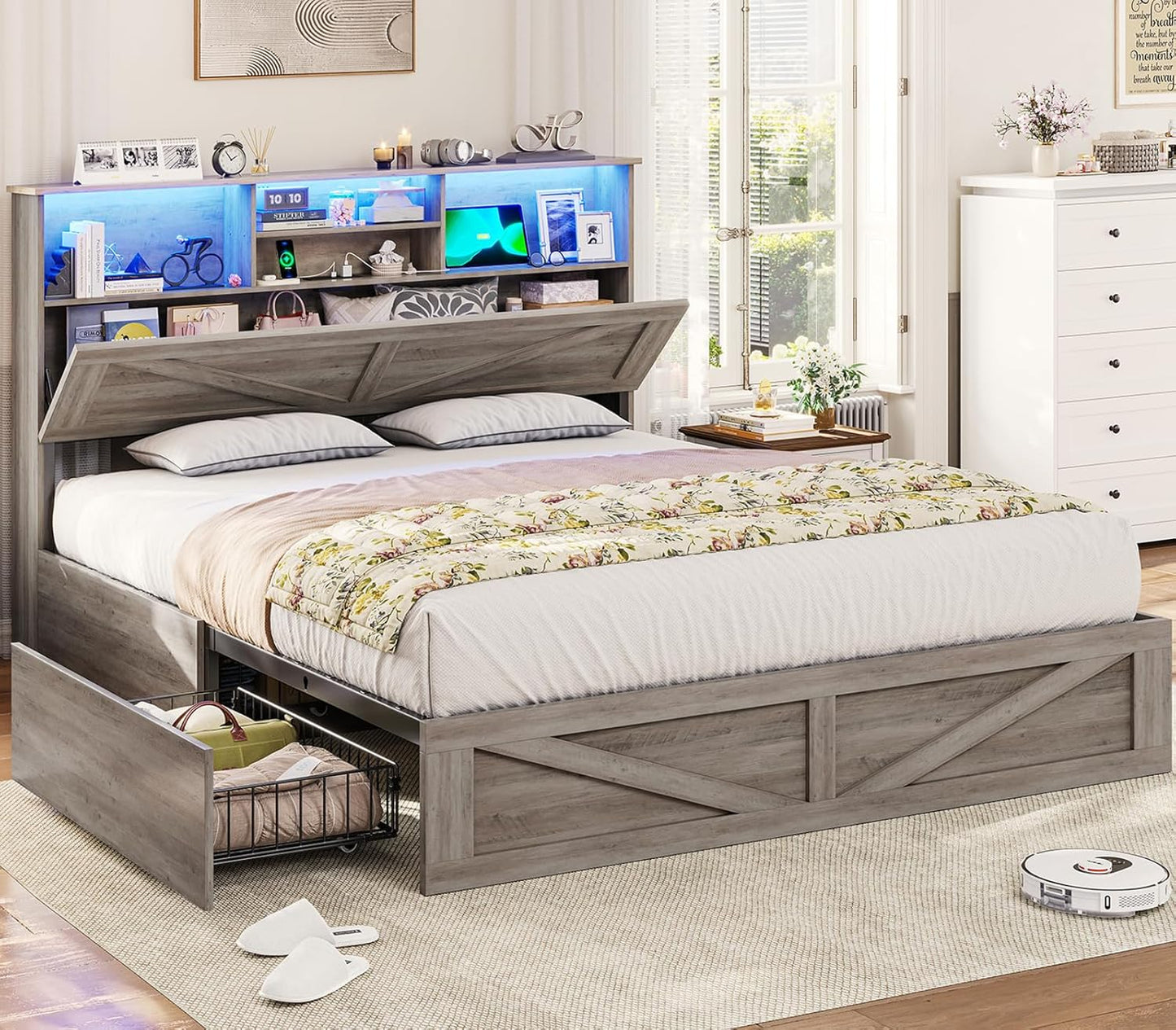 Farmhouse Queen Bed Frame with Bookcase and LED Lights