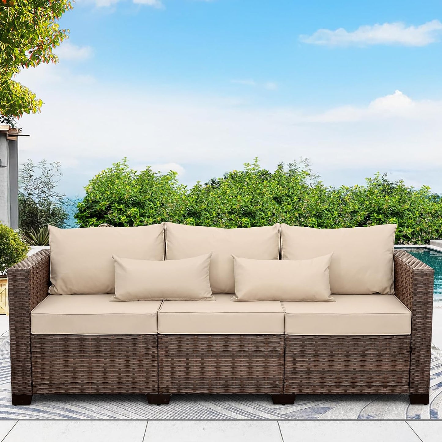 Brown Wicker 3-Seater Outdoor Sofa with Waterproof Cover