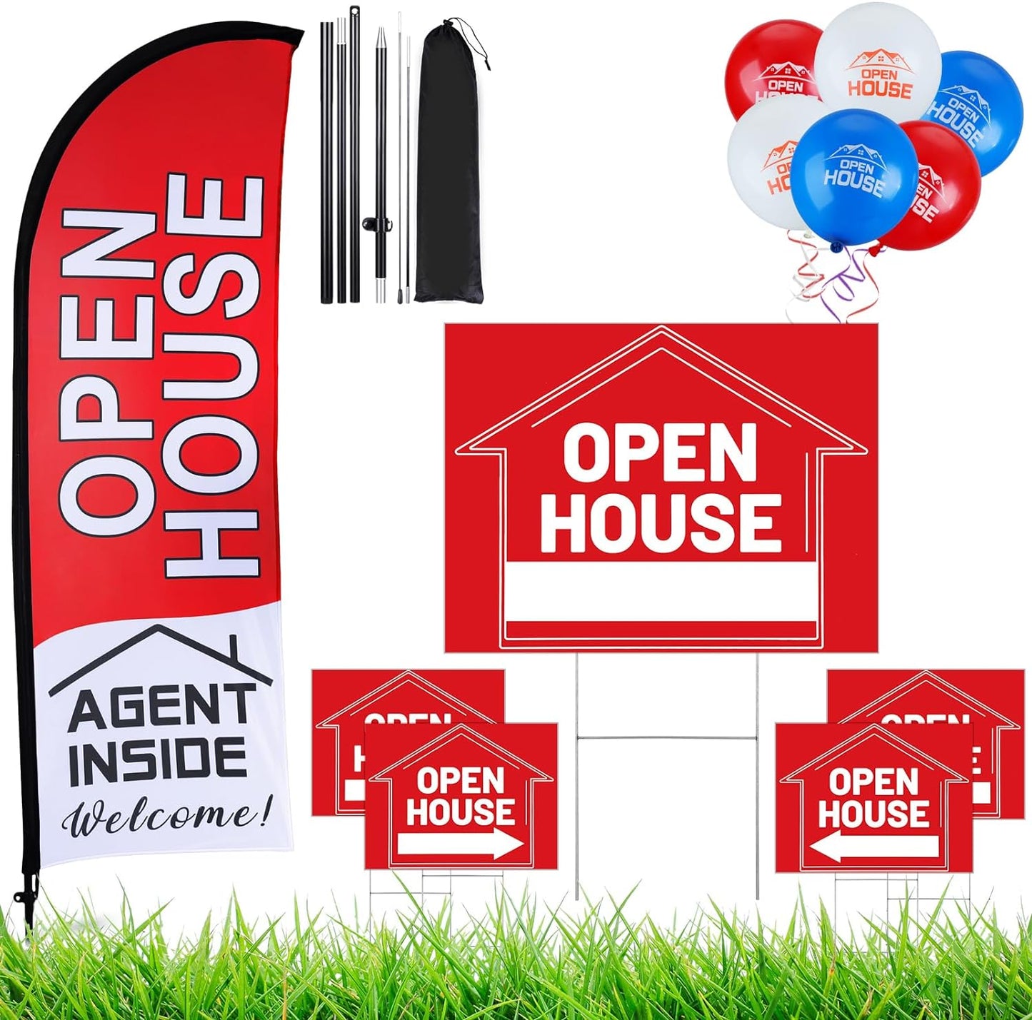 Open House Signs Set with Flag, Balloons, and Directional Arrows