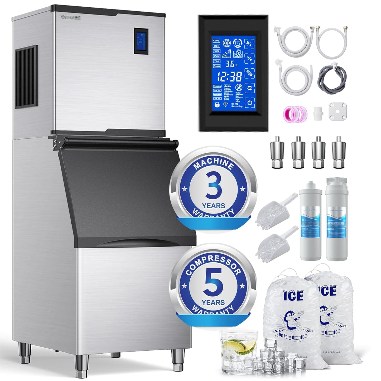550lbs/24H Ice Maker w/ 360lbs Storage, Stainless Steel, Filtered, for Restaurants, Hotels