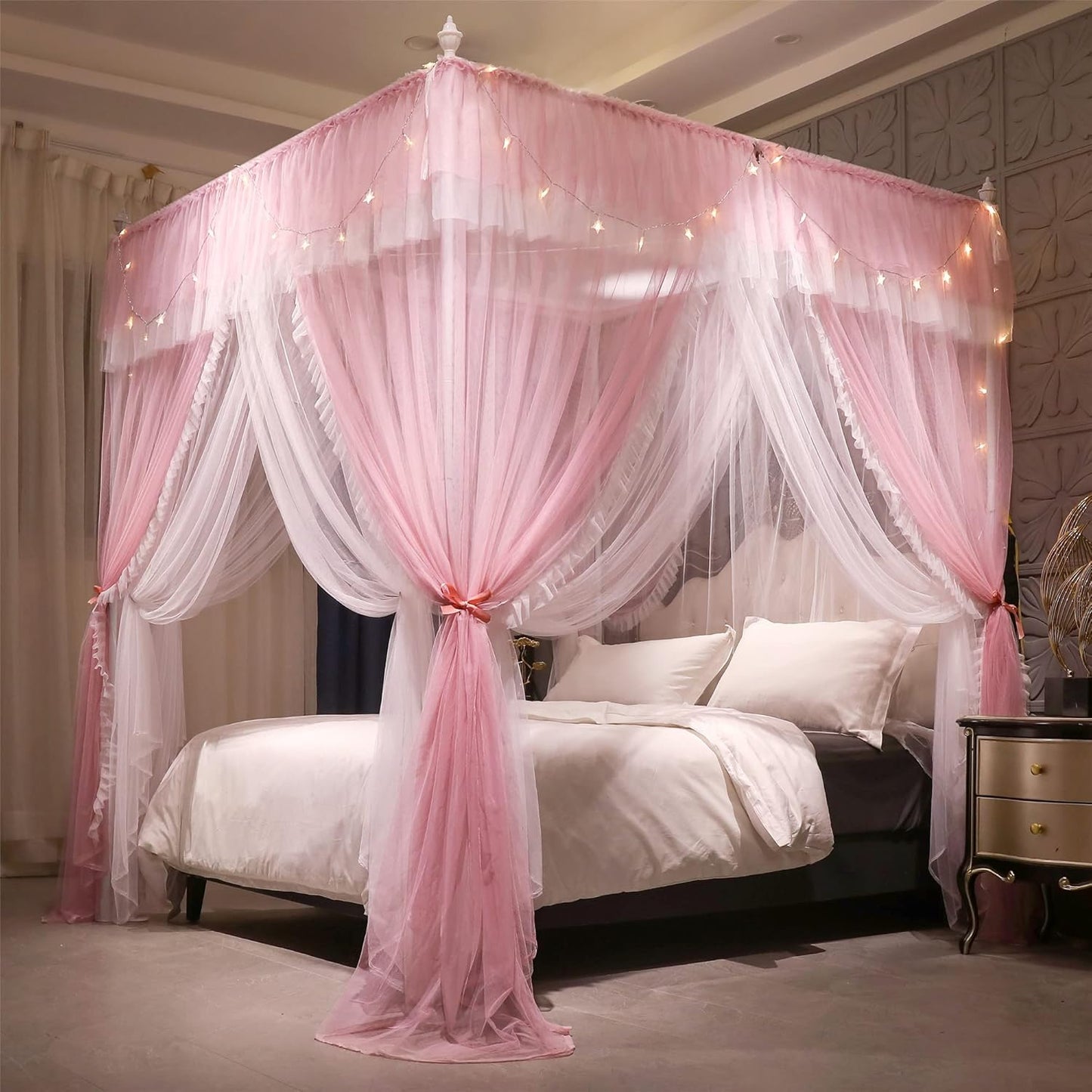 VETHIN 4 Corners Post Ruffle Princess Bed Canopy Curtain