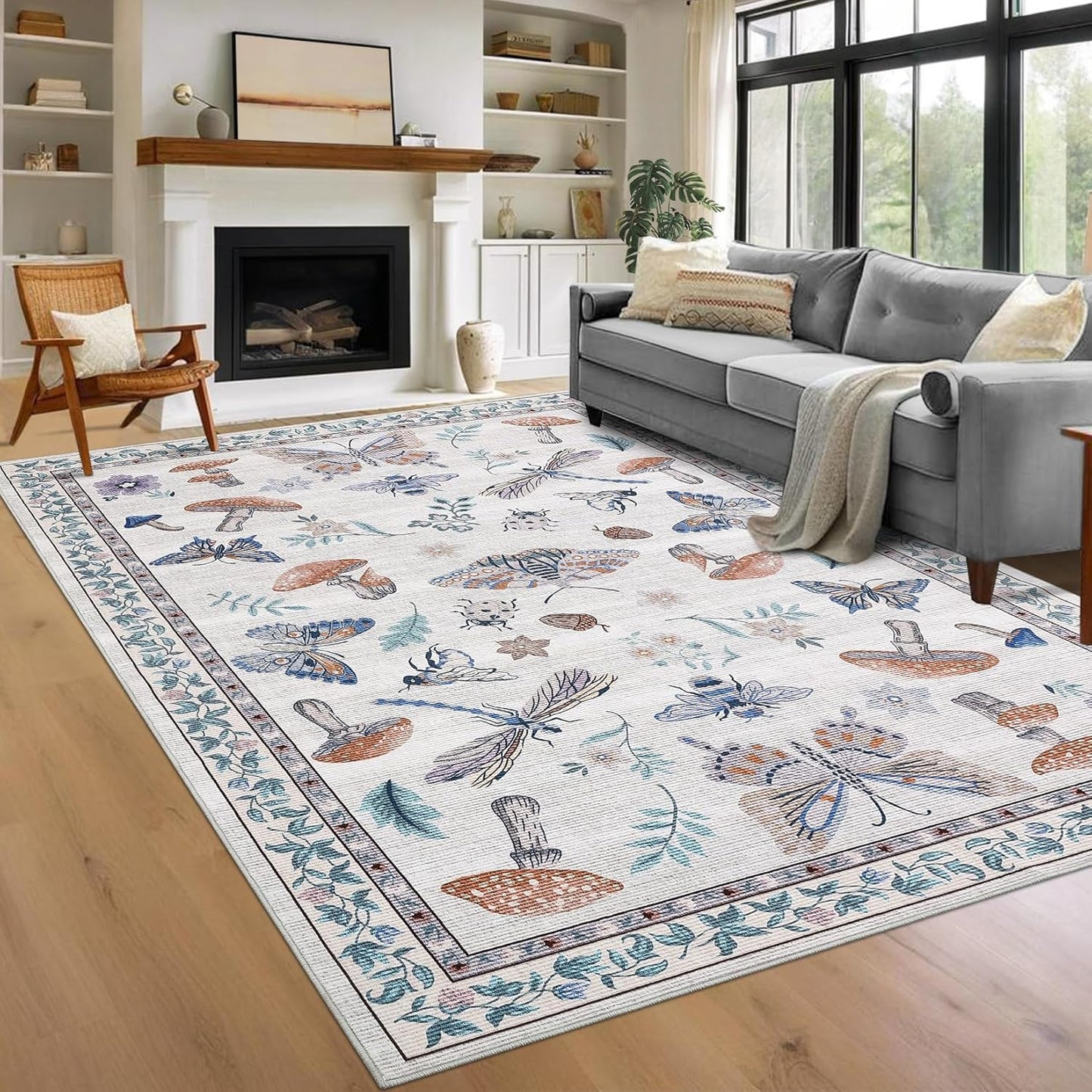Washable 9x12 Area Rug with Unique Mushroom Design for Home