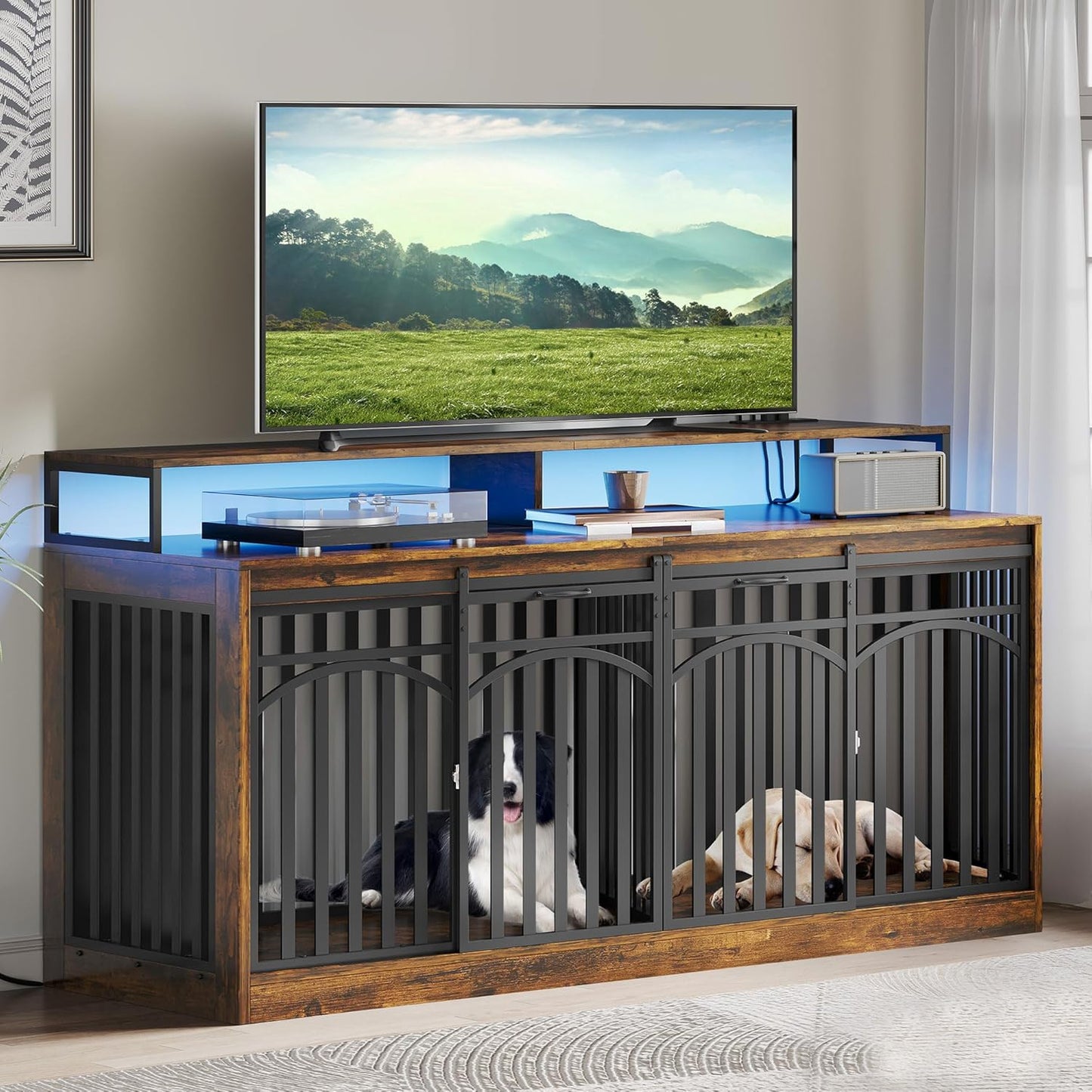DWVO 71 Double Dog Crate Furniture with LED Light & Power Outlets