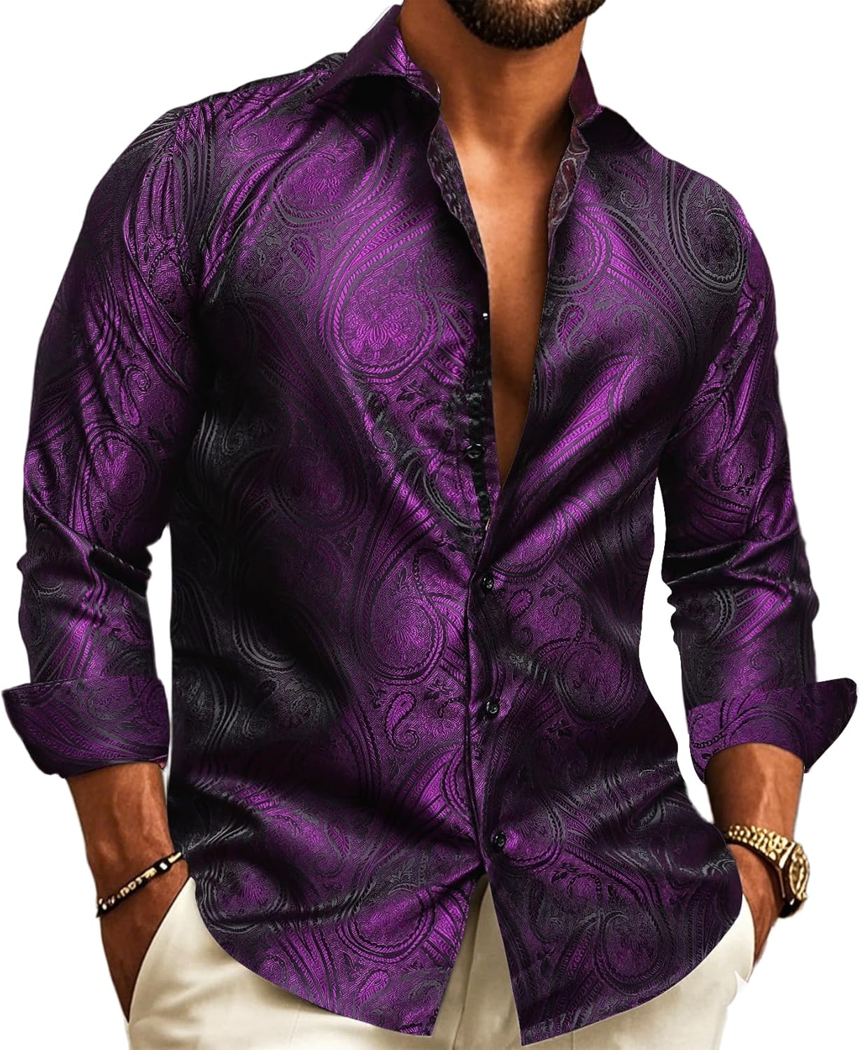 Barry.Wang Mens Western Shirts Silk Paisley Long Sleeve Dress Shirt
