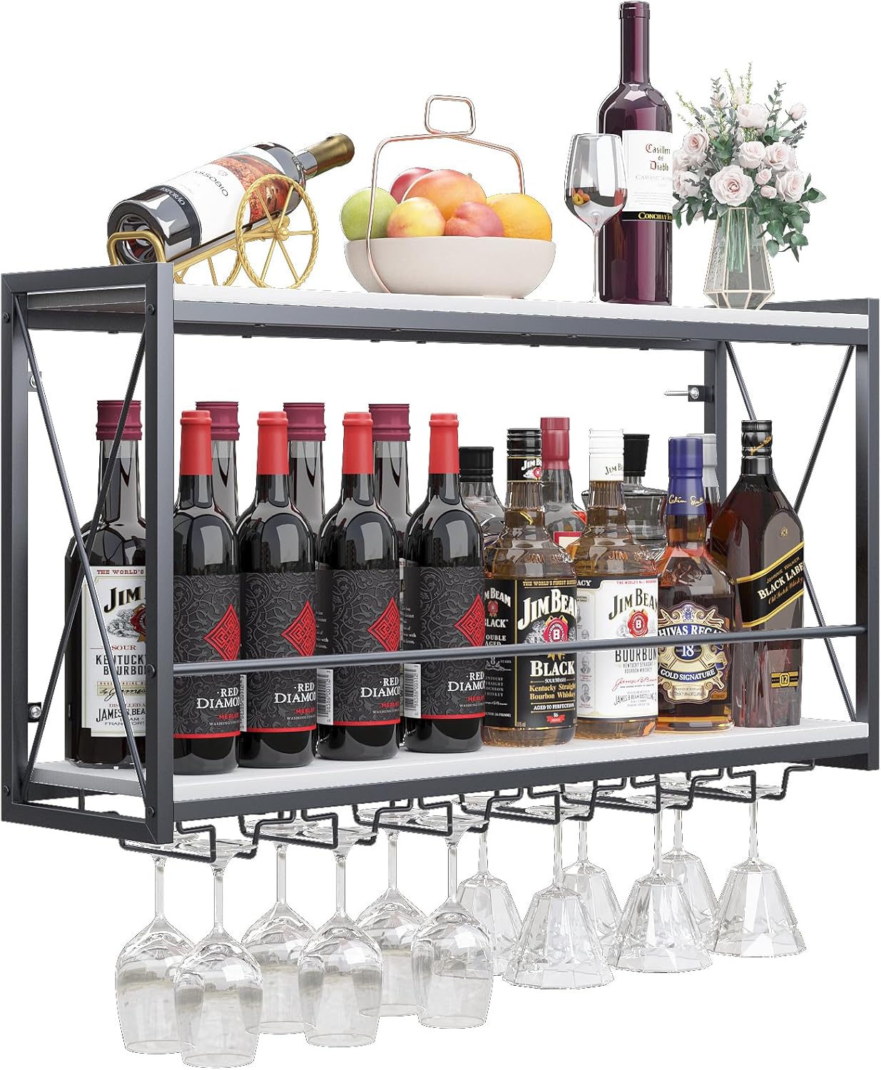Dokser Wine Rack Wall Mounted Shelf - Rustic 2 Tier Holder