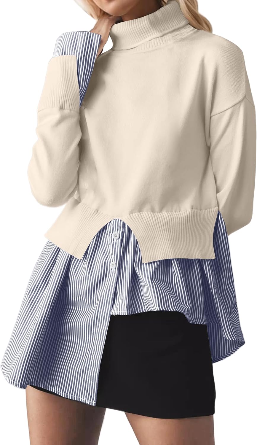 MISSACTIVER Women Slit Turtleneck Patchwork Sweater for Style