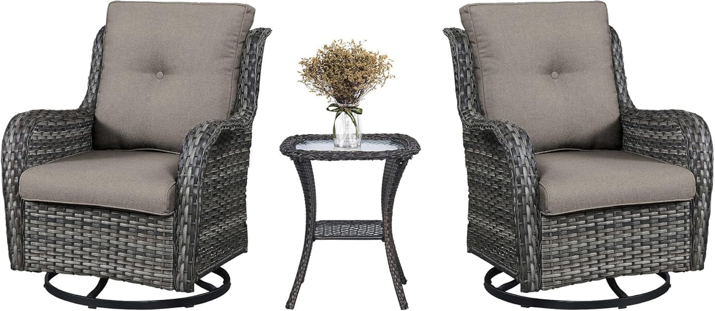 3 PCS Patio Furniture Set - Mixed Grey Wicker Swivel Rocking Chairs