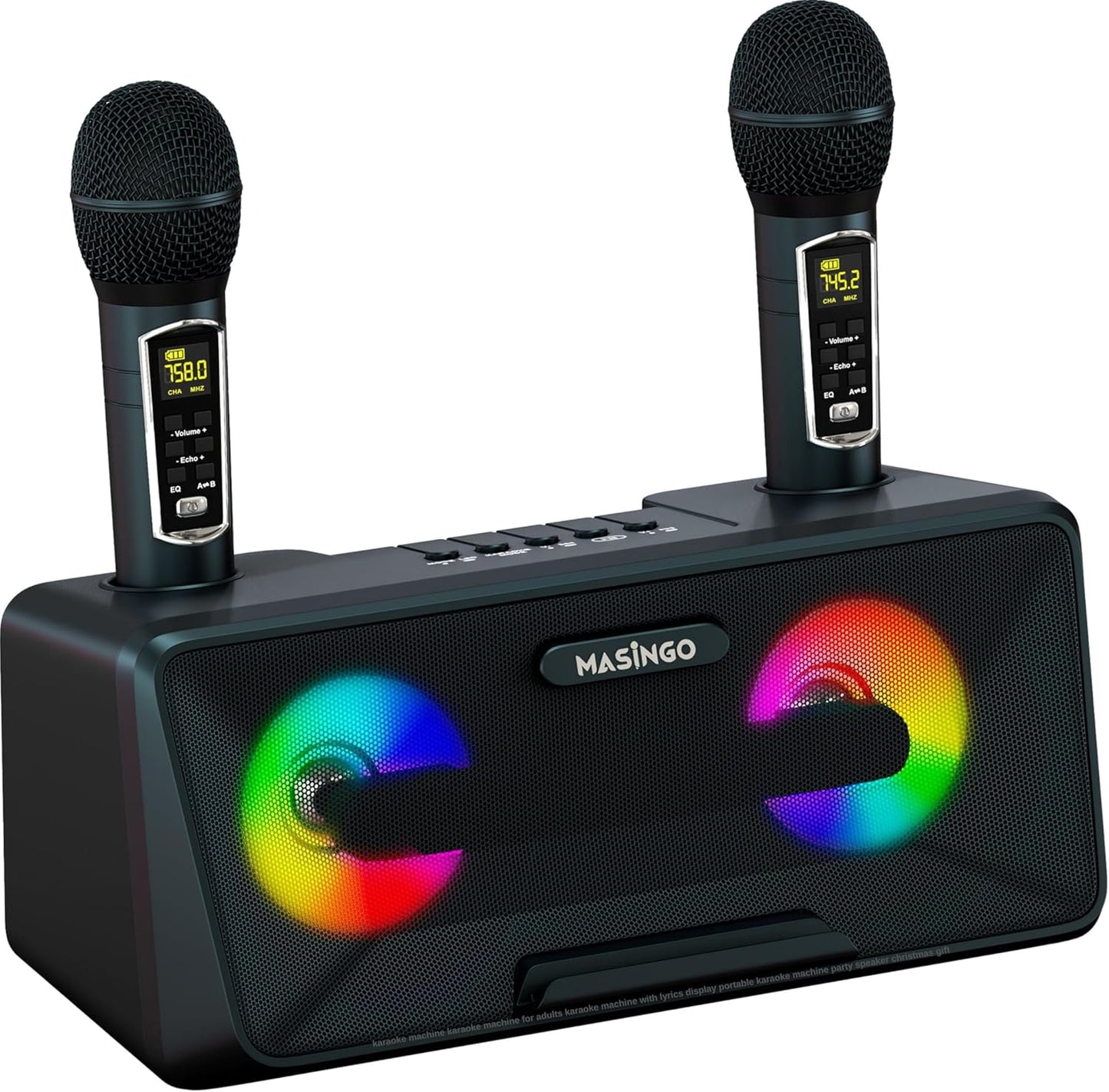 MASINGO Karaoke Machine: Wireless Mic Duo, LED Lights, Phone Holder
