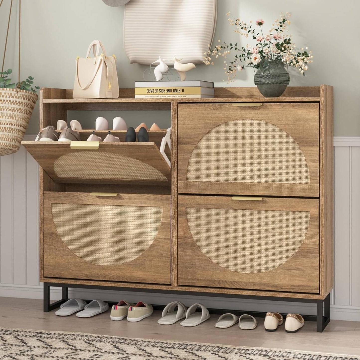 Maupvit Large Rattan Shoe Storage Cabinet with 4 Flip Drawers
