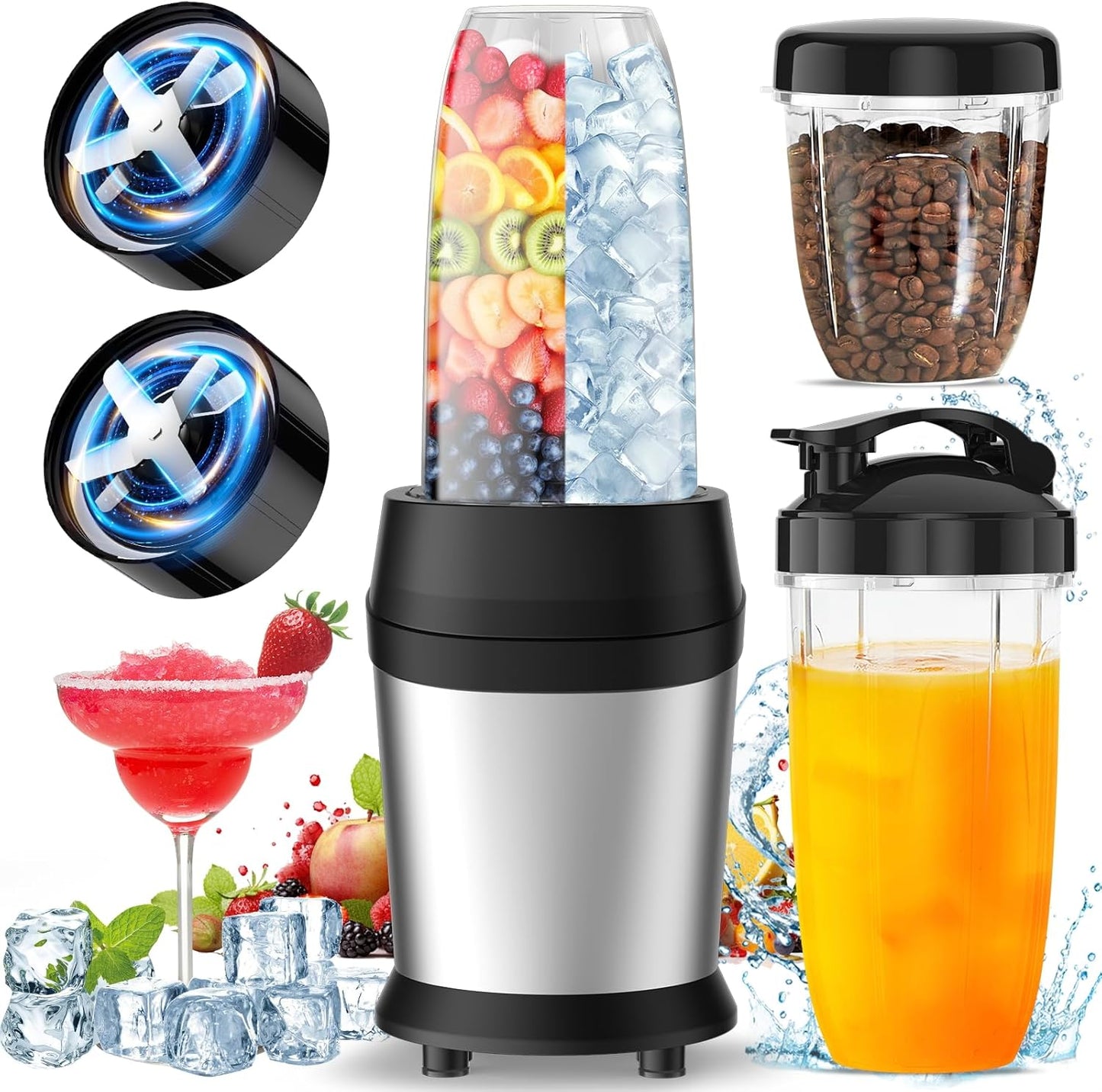 High-speed Portable Smoothie Blender Set, Crushes Ice & Nuts, 12-Pcs To-Go Cups, Silver