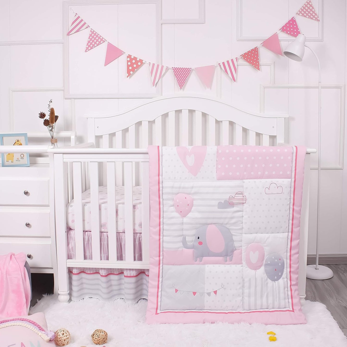 La Premura Baby Crib Bedding Set for Girls with Pink Elephants