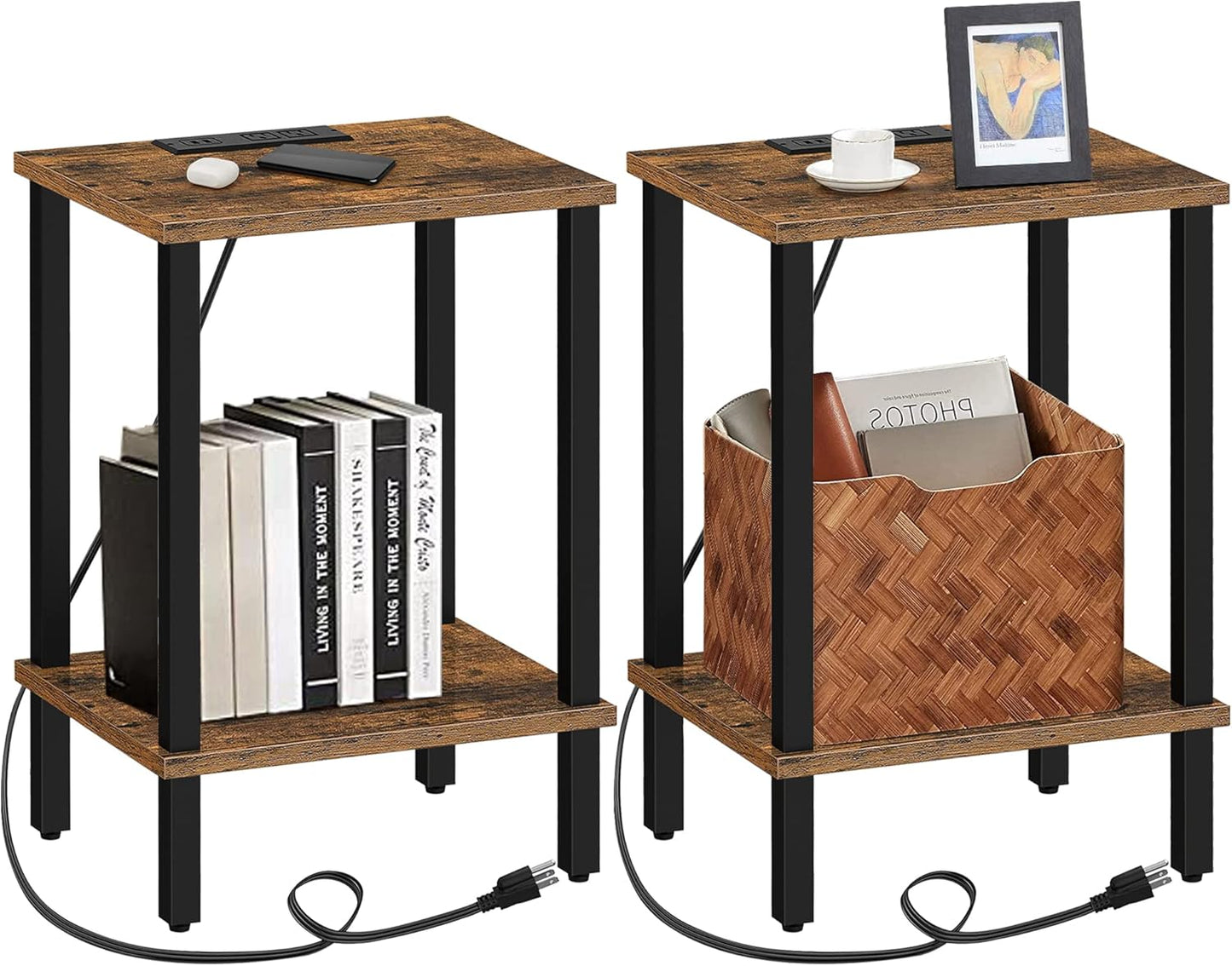 TUTOTAK End Table with Charging Station and 2-Tier Storage