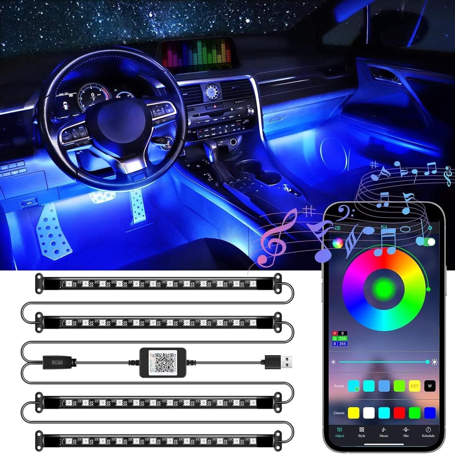 App-controlled RGB Car Lights for Women