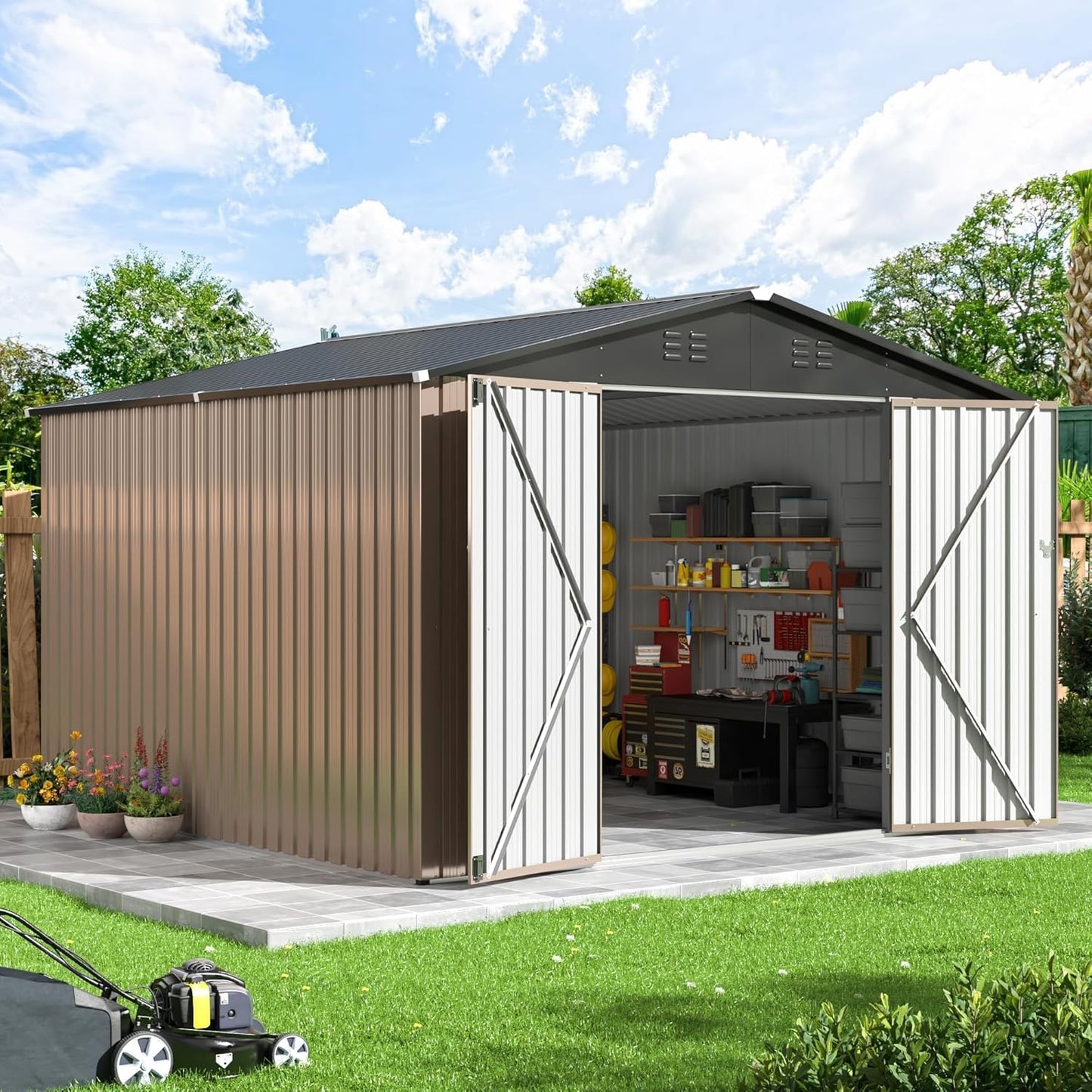 10x10 FT Outdoor Storage Shed with Lockable Doors for Safety