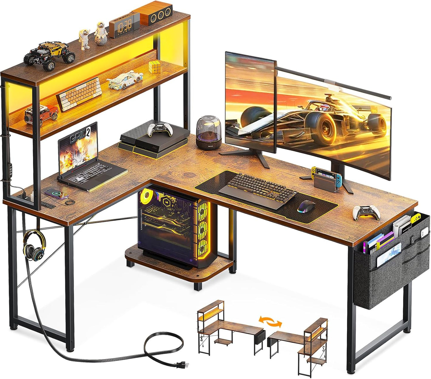 53 LED Gaming Desk with Power Outlet & Storage