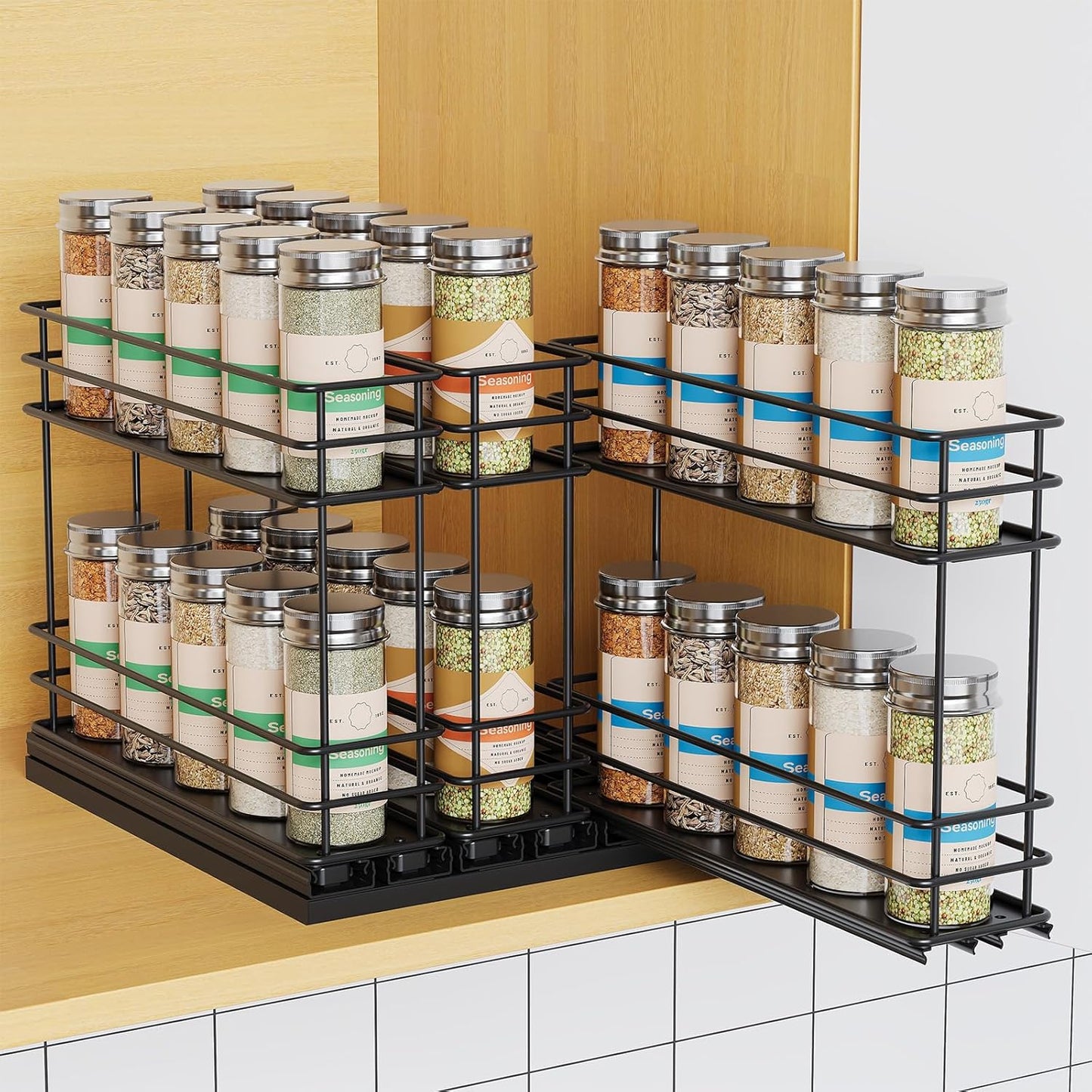Pull Out Spice Rack Organizer for Cabinet with 3 Drawers