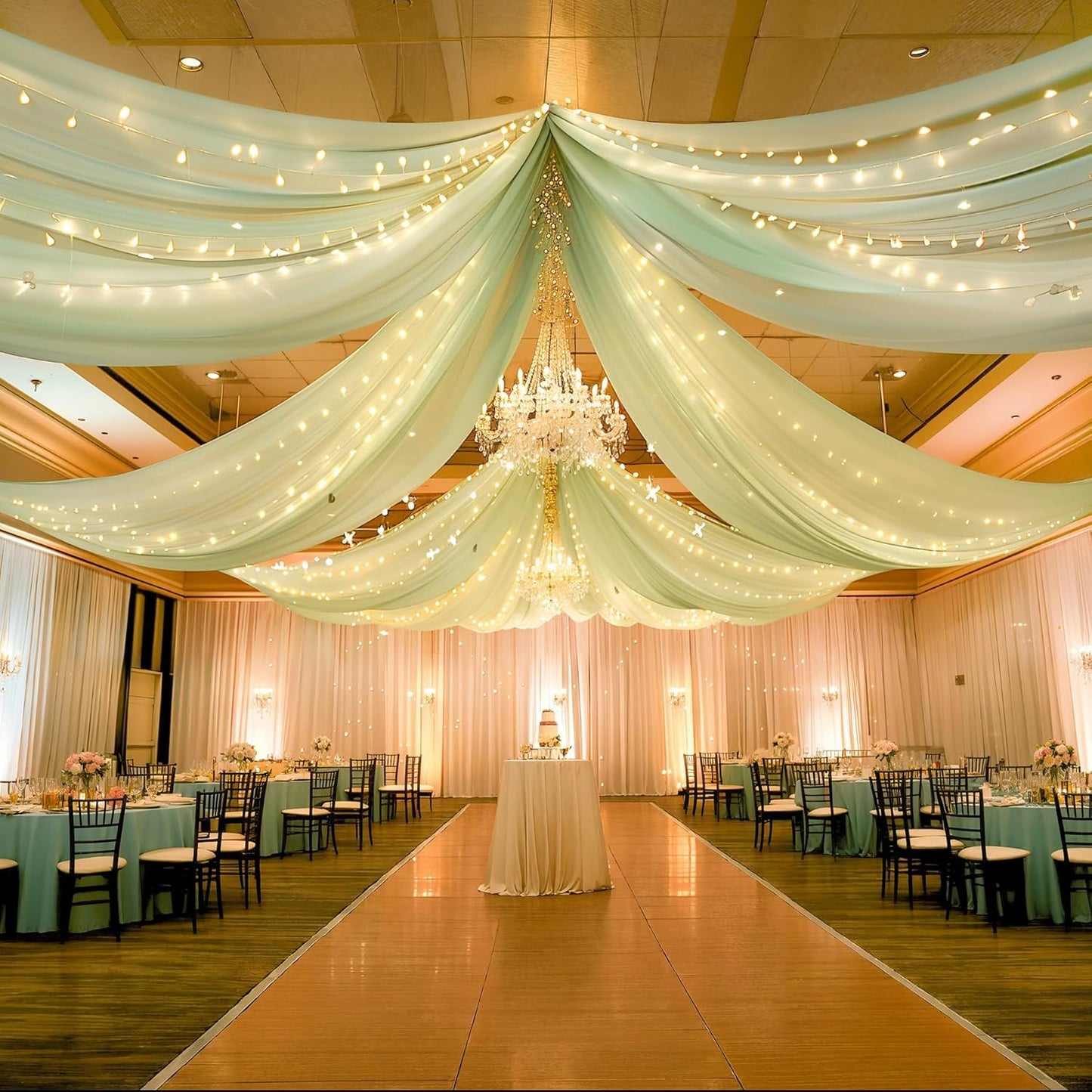Sage Green Ceiling Drapes with Lights for Stunning Weddings