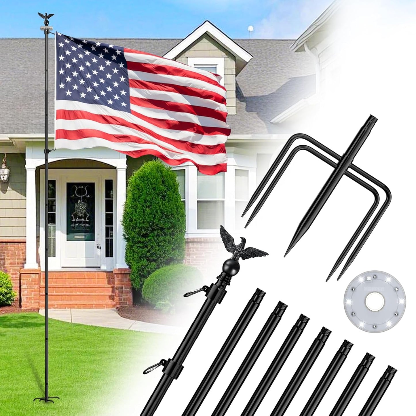 10 FT Heavy Duty Flag Pole Kit with Solar Light and Eagle Topper
