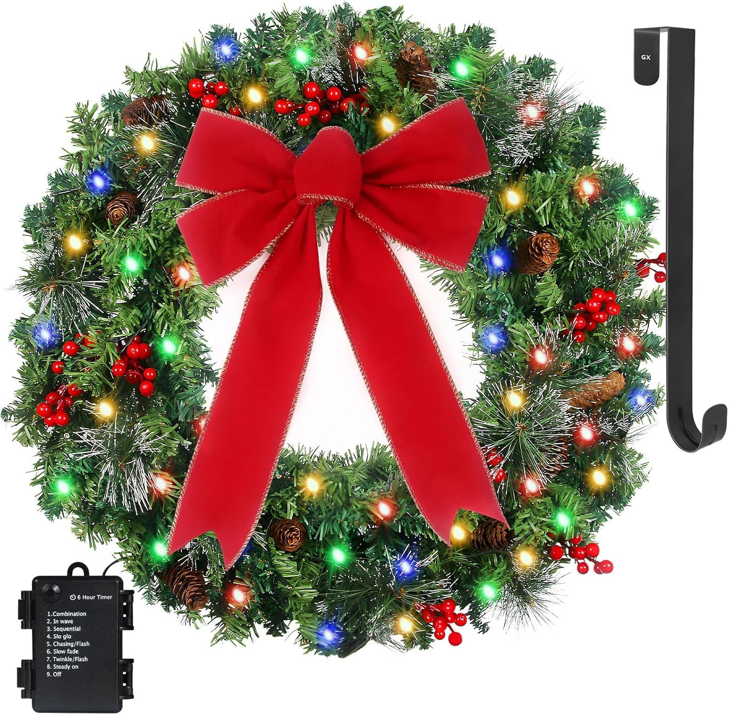 Prelit 24in Christmas Wreath Hanger with 50 Lights and Timer