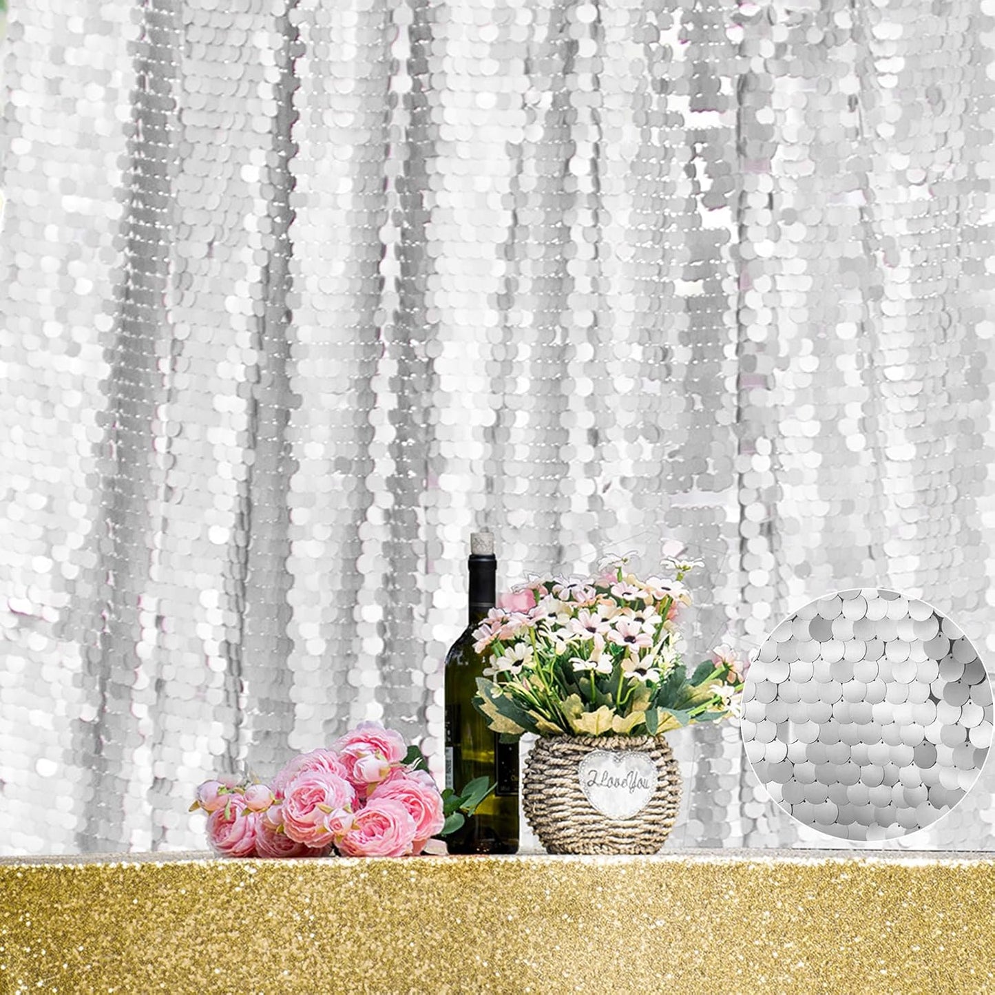 JYFLZQ Silver Payette Sequin Backdrop Curtains for Events