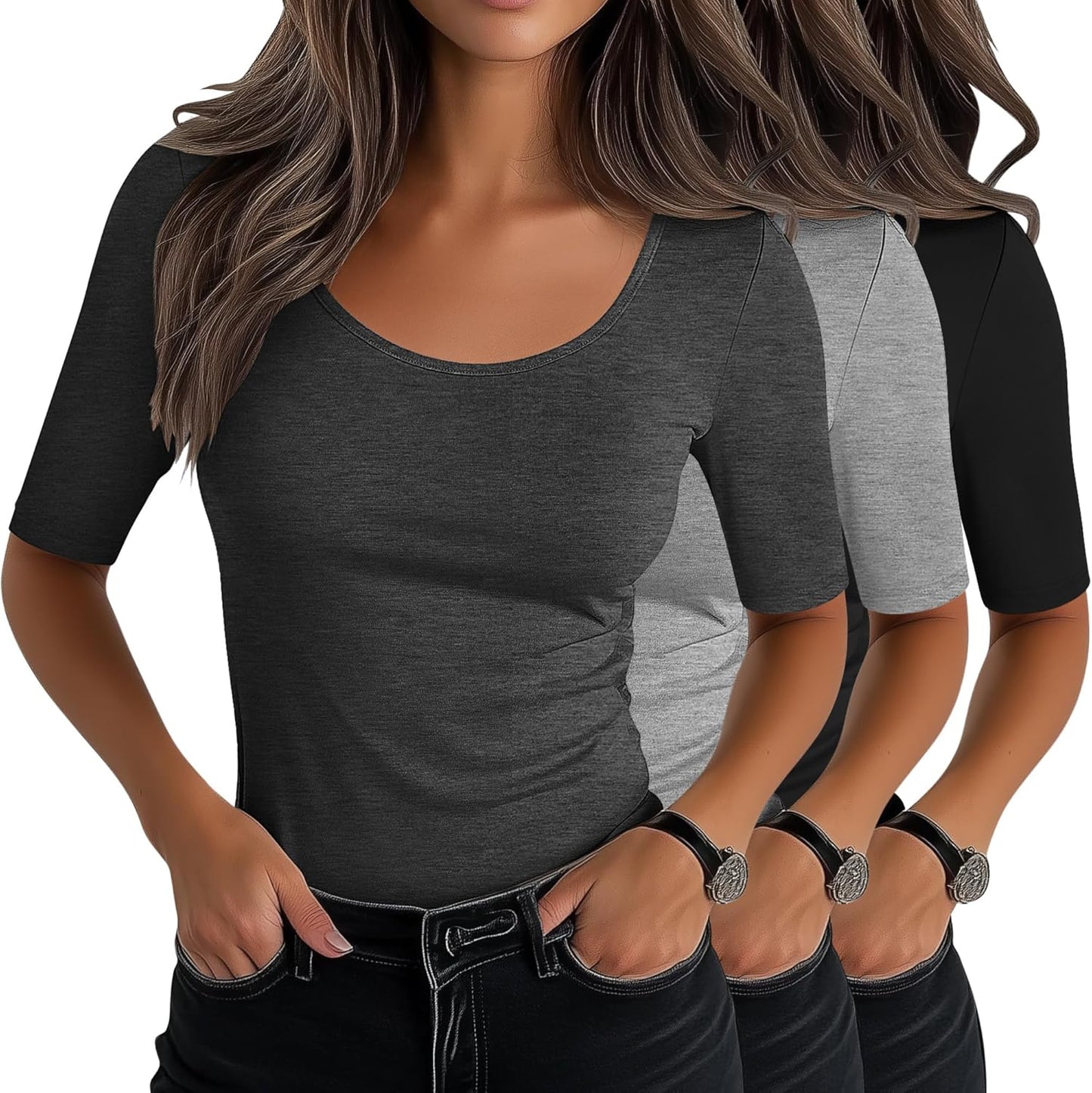 Neer Women's Scoop Neck Stretchy Tops - 3 Pack Casual Tees