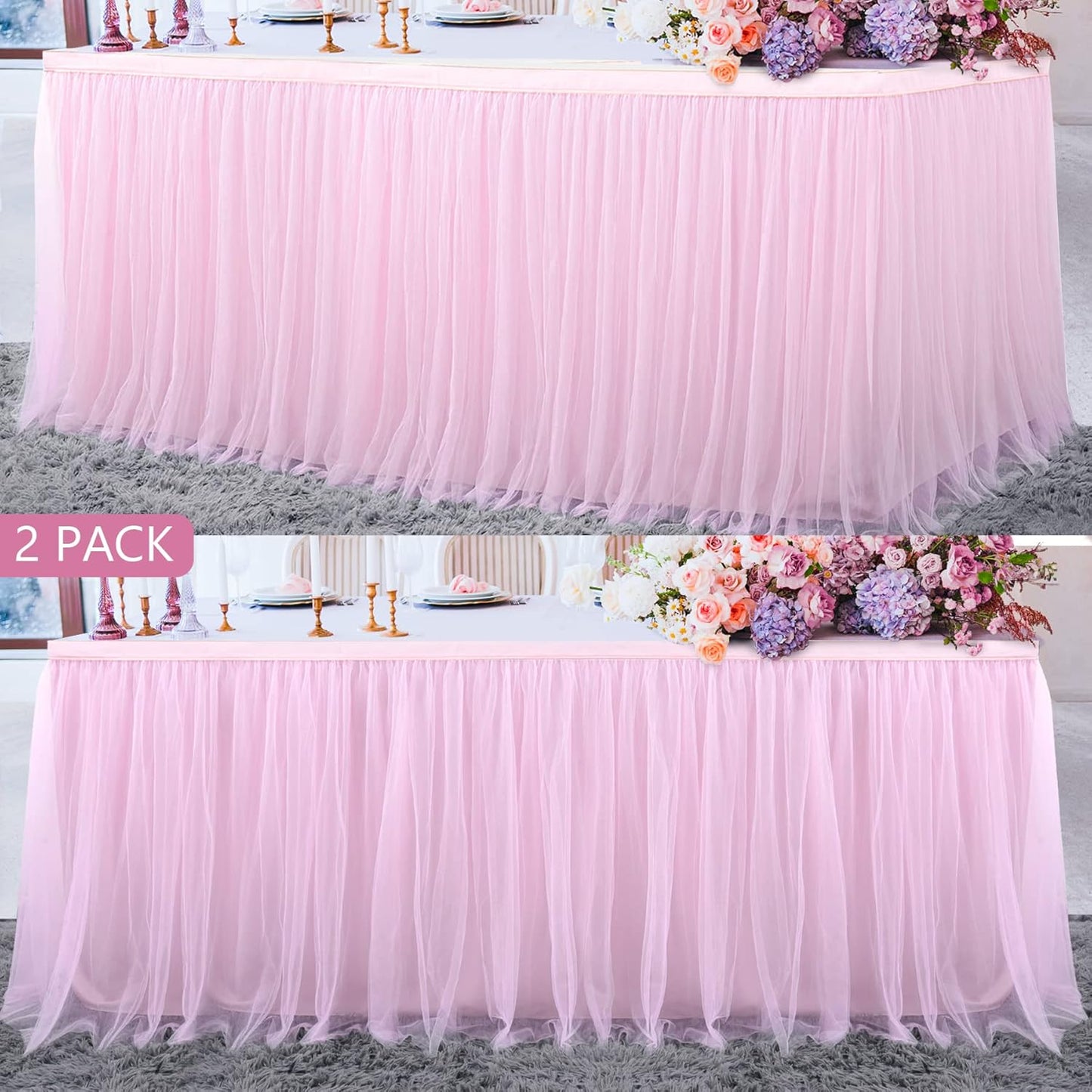 Pink Tulle Table Skirts for Rectangle or Round Tables - 2 Pack