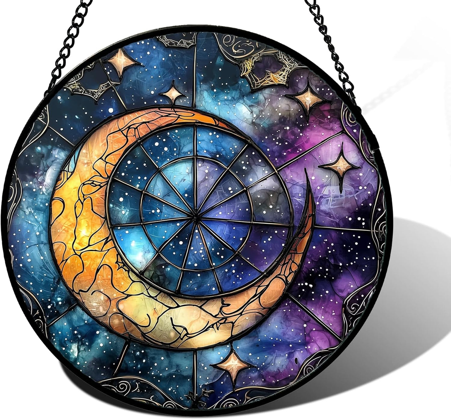 Stained Glass Window Hanging Blue Starry Sky Moon Suncatcher