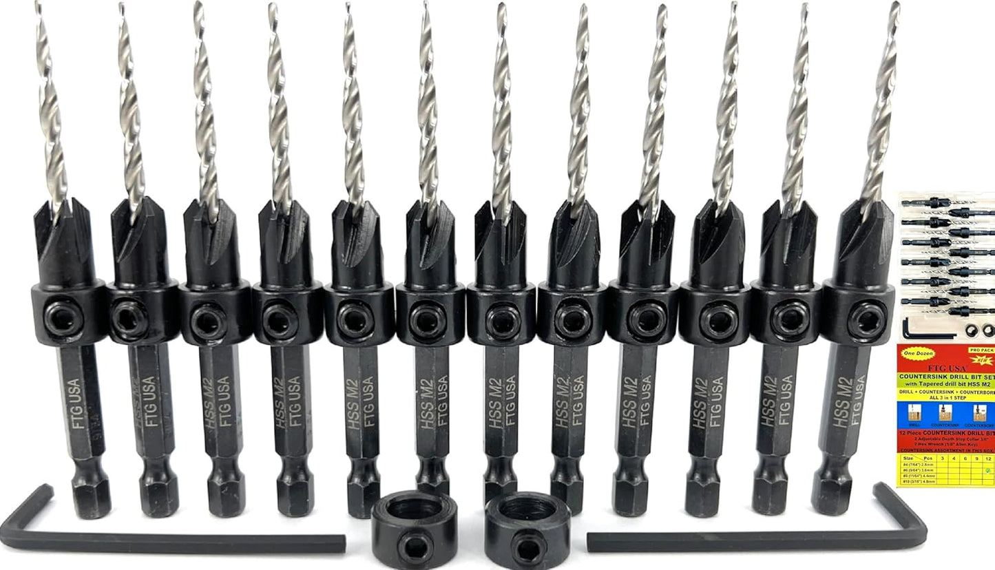 FTG USA 12 Pc Countersink Drill Bit Set for Woodworkers