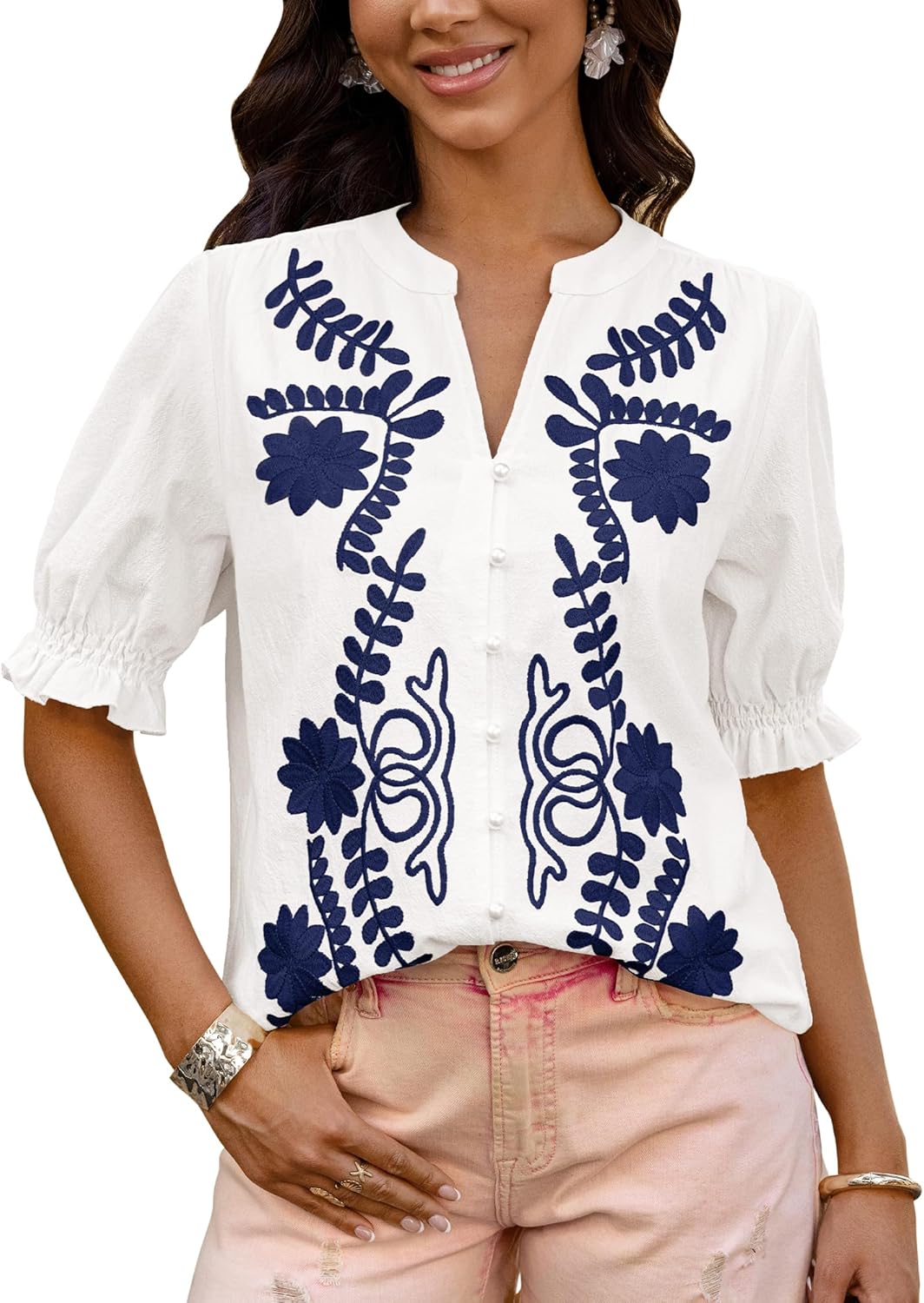 BTFBM Women's Summer Floral Boho V Neck Puff Sleeve Tops