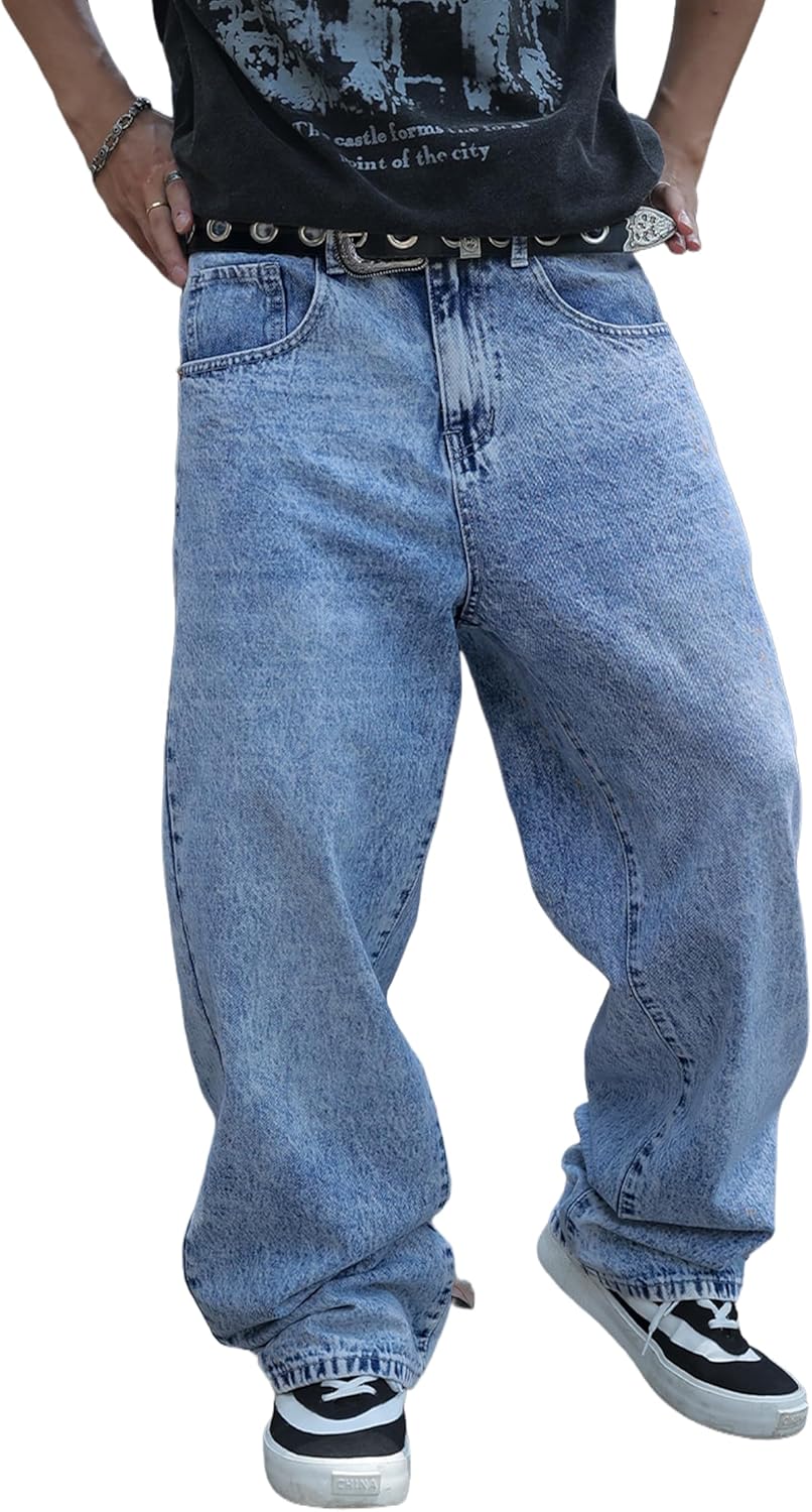 Men's Non-Stretch Loose Fit Wide-Leg Baggy Jeans for Comfort