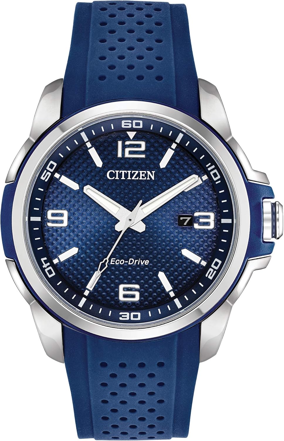 Citizen Eco-Drive Weekender Watch: Stylish Stainless Steel with Blue Strap
