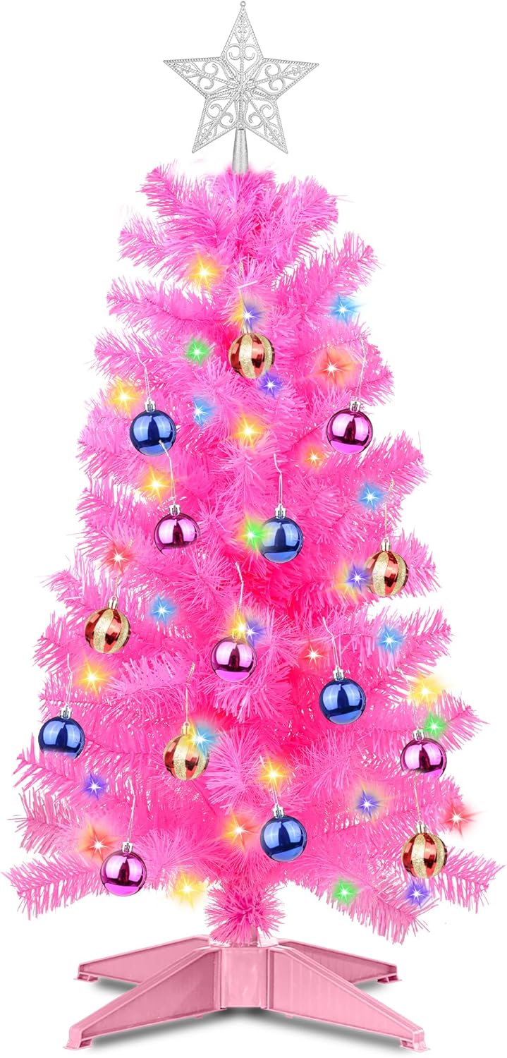 3 Ft Pink Christmas Tree with Dual Color Change Lights & Timer