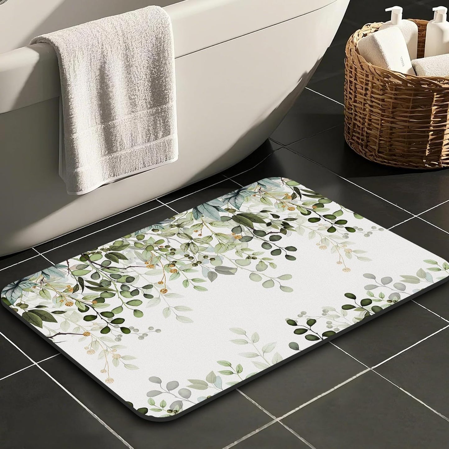 Sage Green Eucalyptus Watercolor Leaves Non Slip Bathroom Rugs
