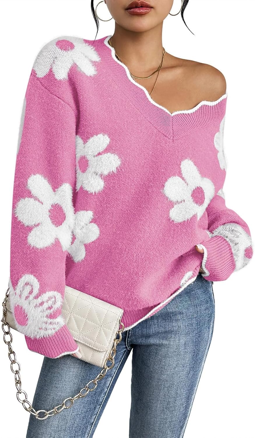 Pink Queen Women's Oversized V Neck Fuzzy Sweater for All Seasons