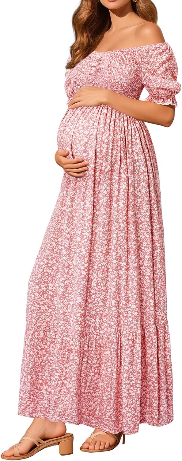 Maternity Dress Baby Shower - Floral Maxi Off Shoulder Style