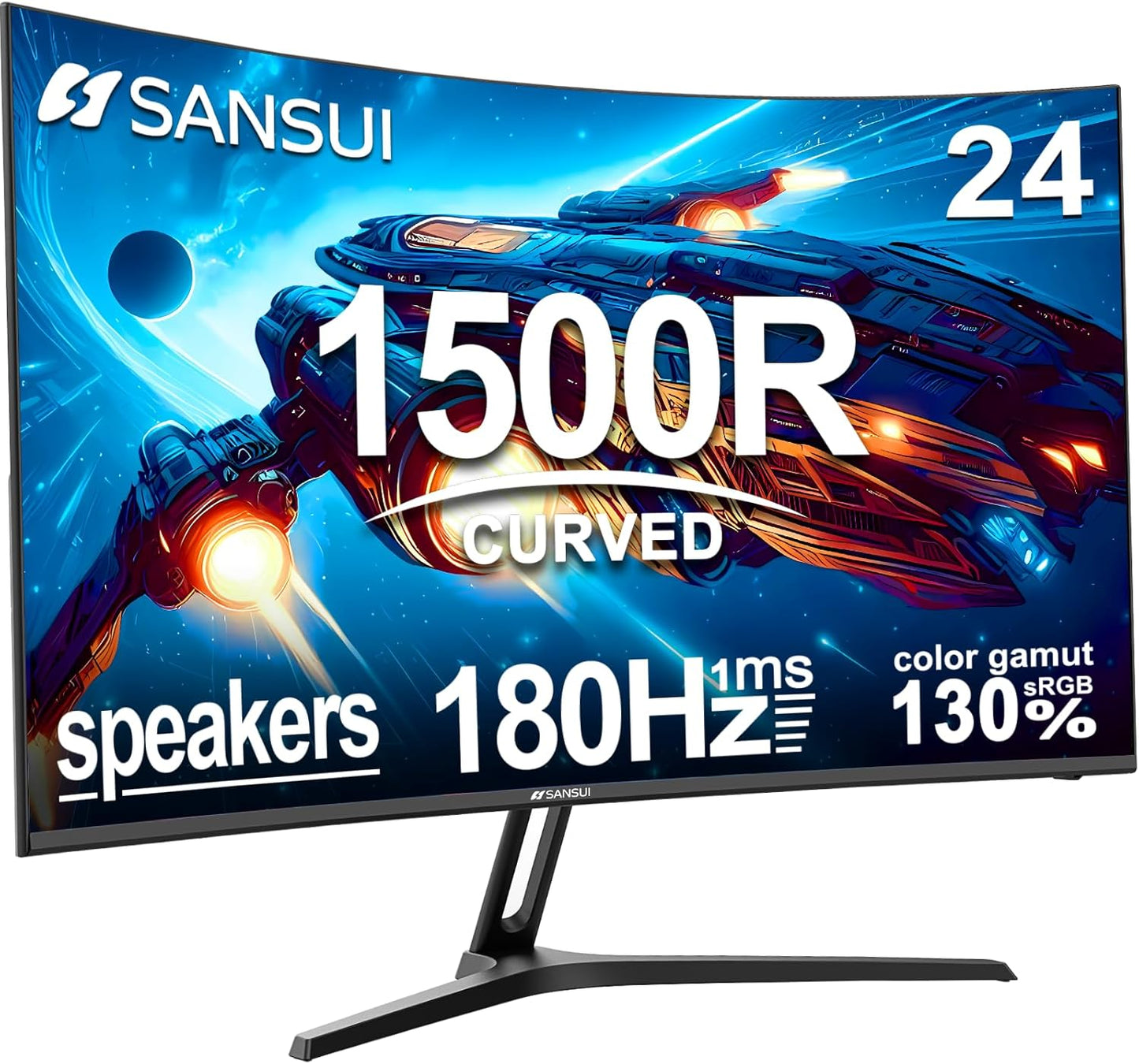 SANSUI 24 Curved Gaming Monitor: 180Hz 1ms Response HDMI DP VESA