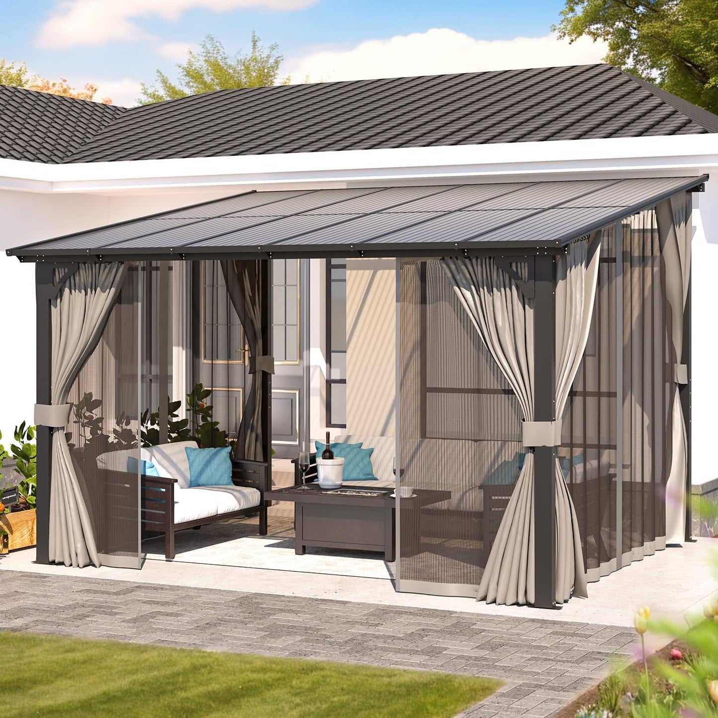 AECOJOY Wall Gazebo 12 x 10 with Curtains for Outdoor Comfort
