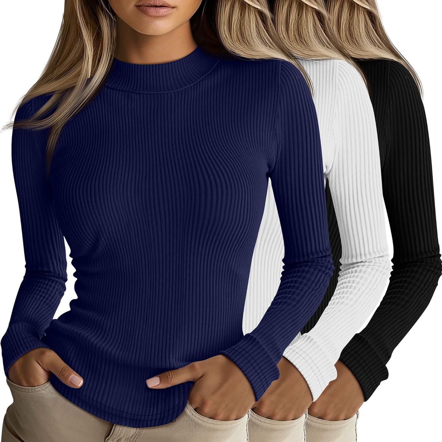 Riyiper Women's Ribbed Mock Turtleneck Long Sleeve Tops