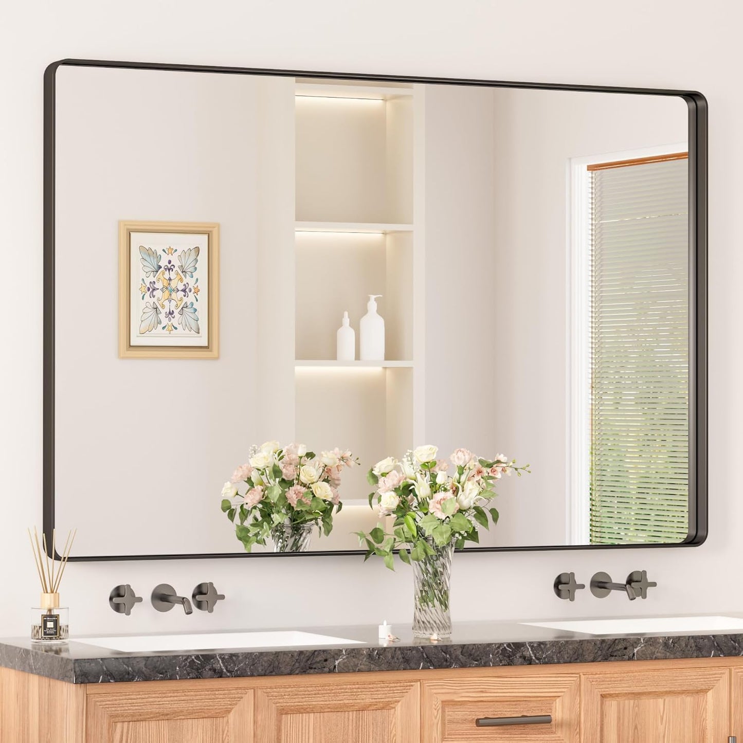 Keonjinn Black Mirror for Bathroom Sink - Large Rounded Rectangle