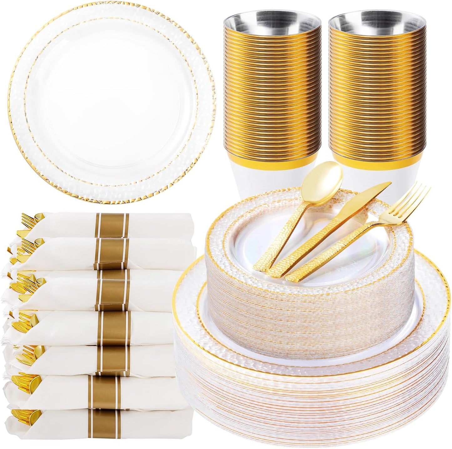 350PCS Clear Plastic Plates with Gold Trim for Elegant Parties