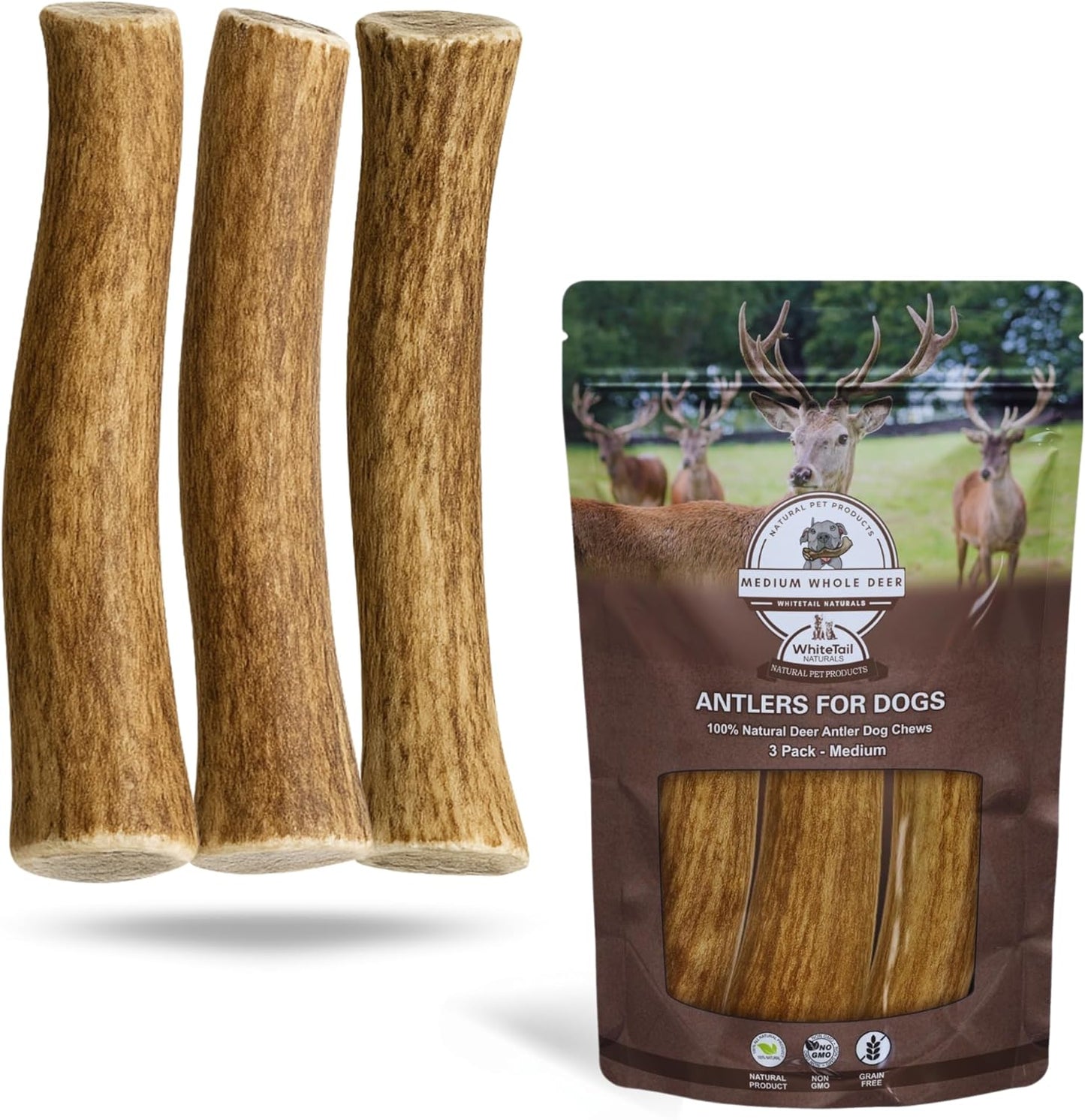 Whitetail Naturals Medium Deer Antler Dog Chews - 3 Pack