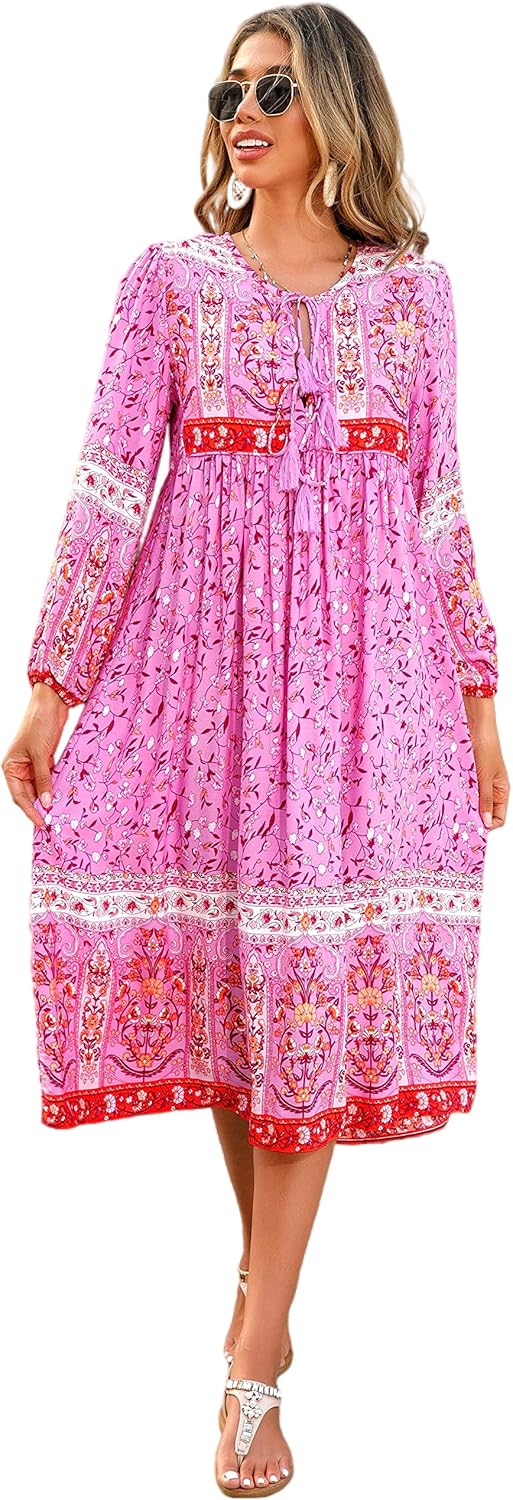 R.Vivimos Women's Long Sleeve Floral Print Bohemian Midi Dress