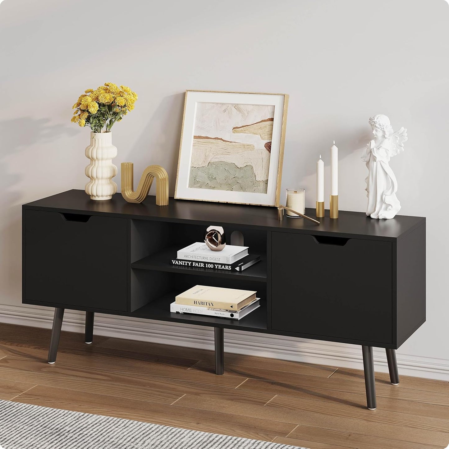 Modern Black TV Stand - Fits 50-60 Inch TVs - Stylish Storage Solution