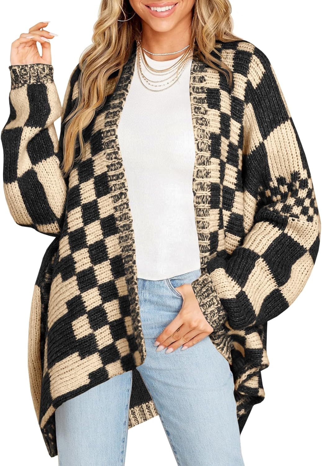 Saodimallsu Womens Checkered Sweater Color Block Cardigans