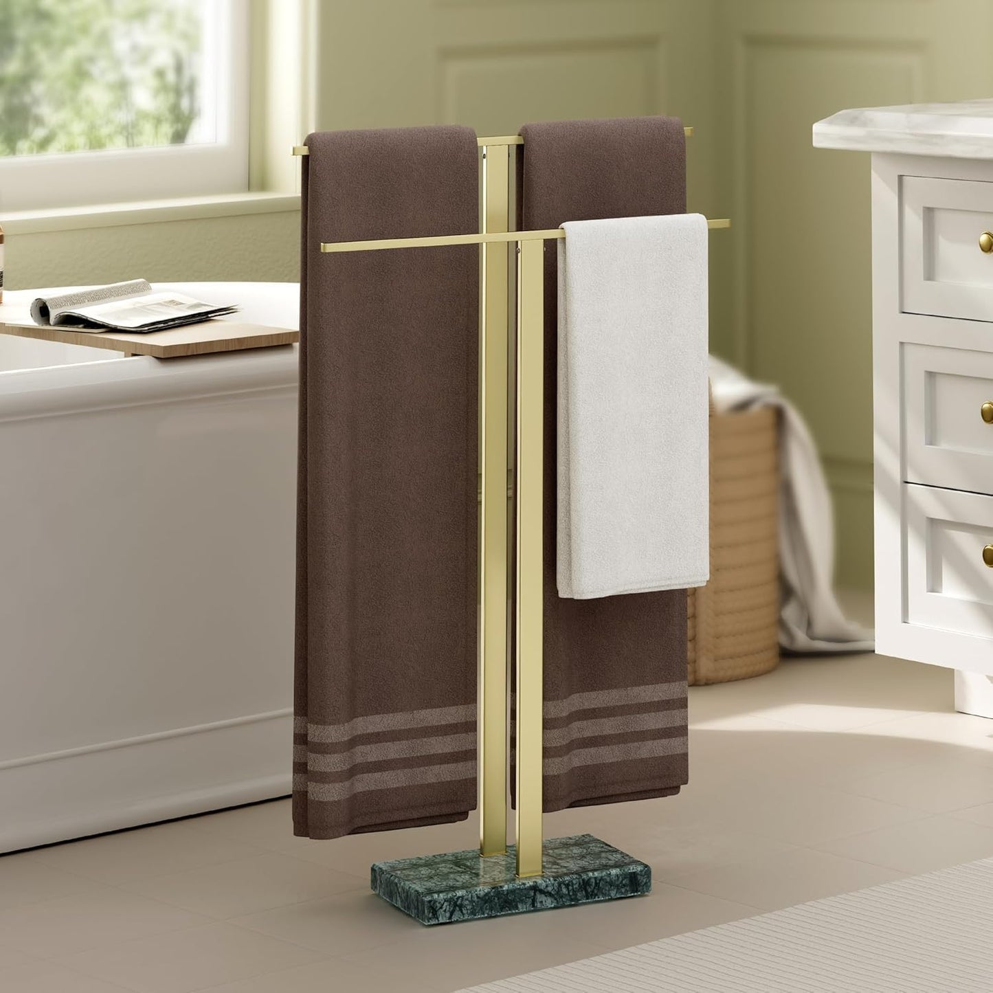 KES Standing Towel Rack with Green Marble Base for Bathroom