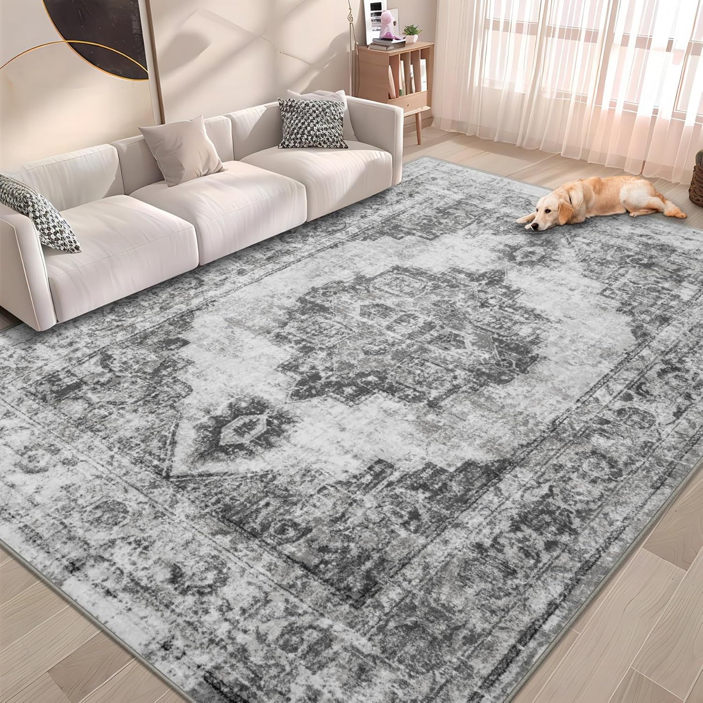 Vintage Area Rug 5x7: Washable Low Pile Distressed Carpet