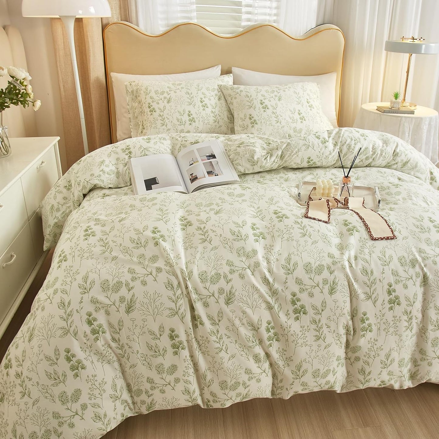 HighBuy King Size Duvet Cover Set with Green Floral Print